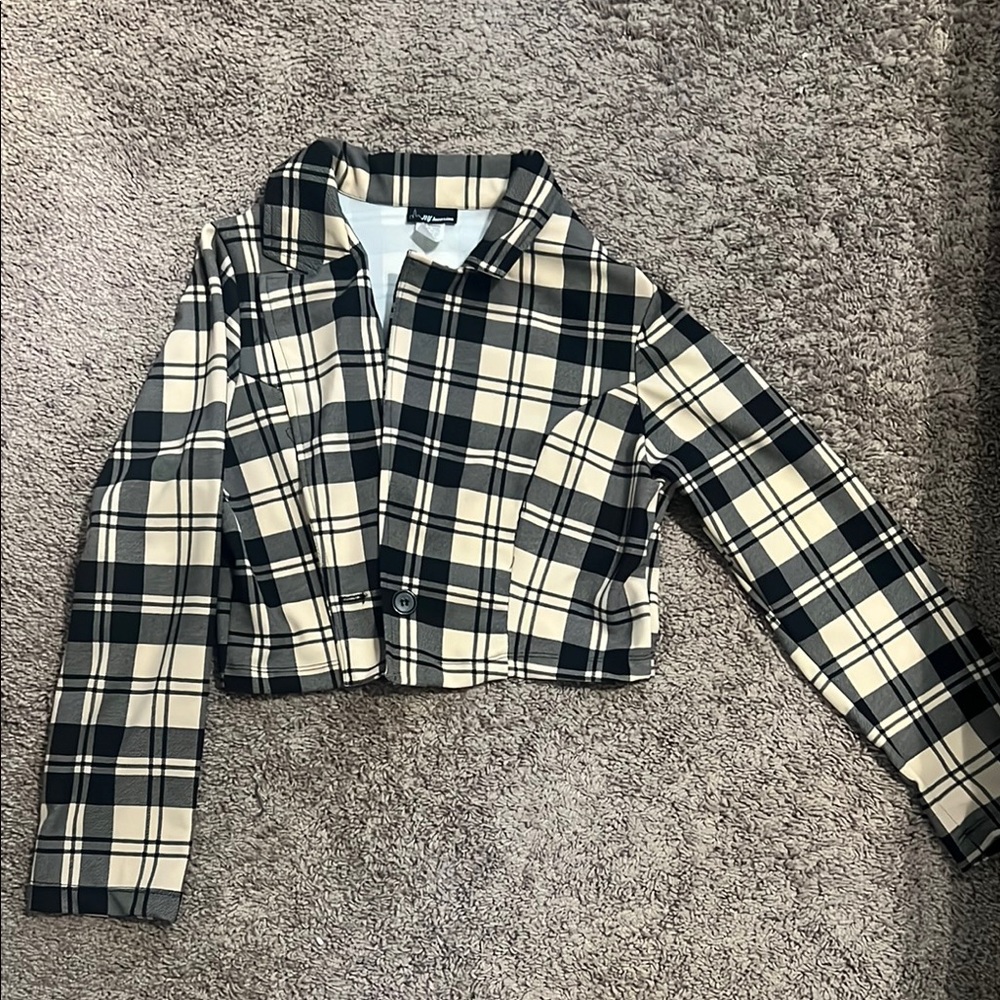 Black and Cream Cropped Blazer with Plaid Pattern